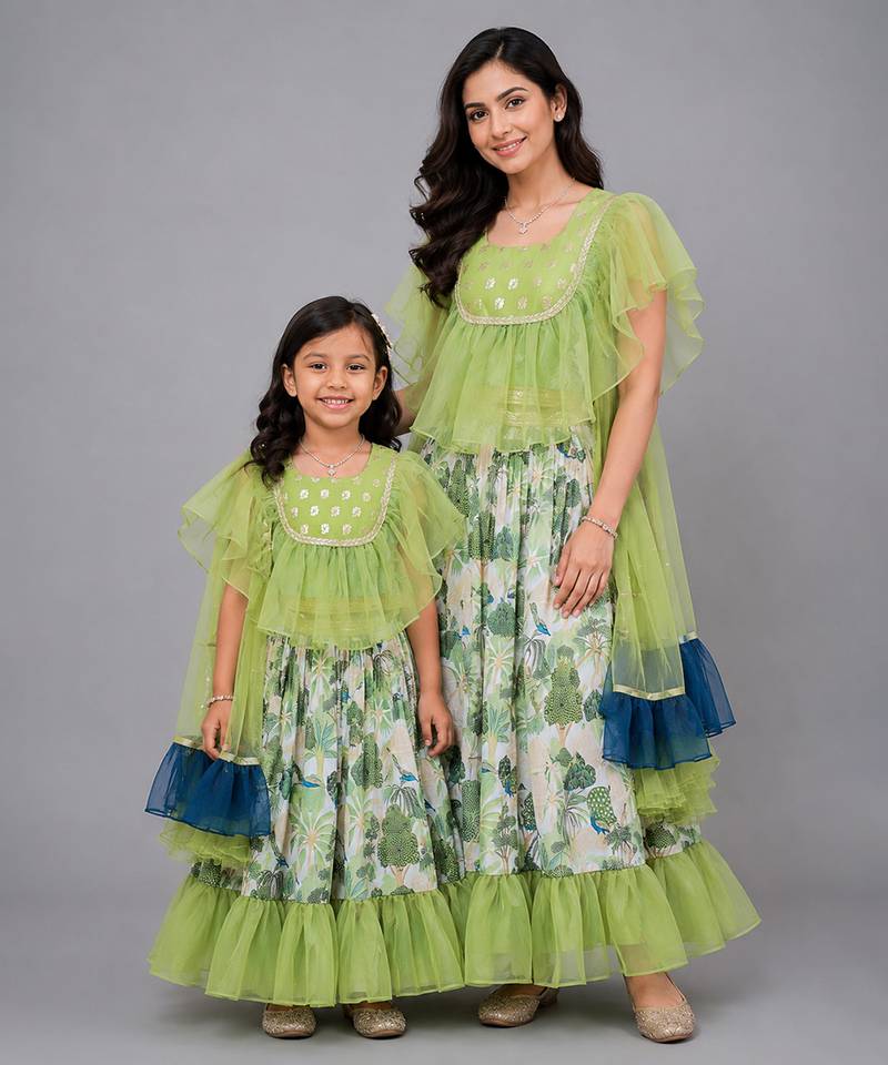 Mother daughter green printed organza lehenga set
