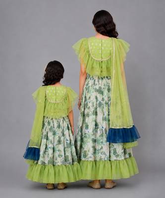 Mother daughter green printed organza lehenga set 2