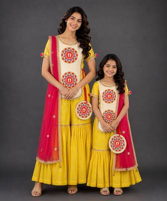 Mother daughter yellow embroidered cotton silk sharara set 1