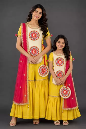 Mother daughter yellow embroidered cotton silk sharara set
