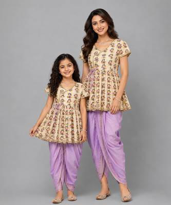 Mother daughter white printed cotton silk kurta dhoti set 1