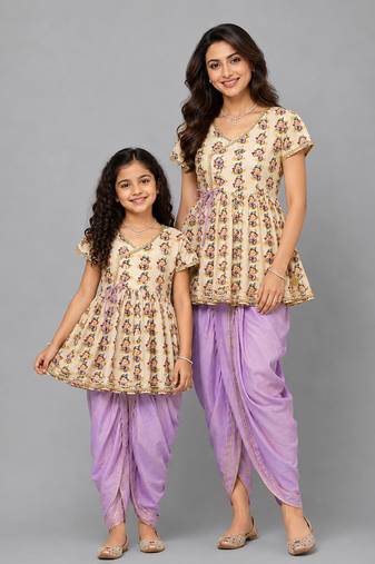 Mother daughter white printed cotton silk kurta dhoti set