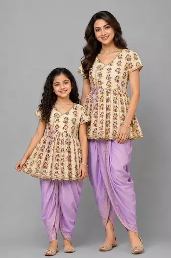 Mother daughter white printed cotton silk kurta dhoti set