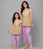 Mother daughter white printed cotton silk kurta dhoti set