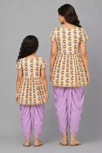 Mother daughter white printed cotton silk kurta dhoti set