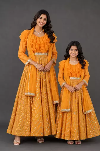 Mother daughter orange embroidered organza anarkali set