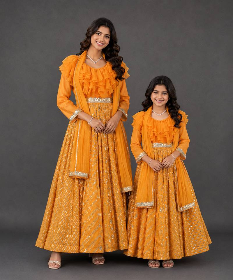 Mother daughter orange embroidered organza anarkali set