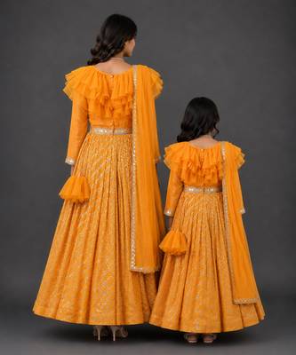 Mother daughter orange embroidered organza anarkali set 2