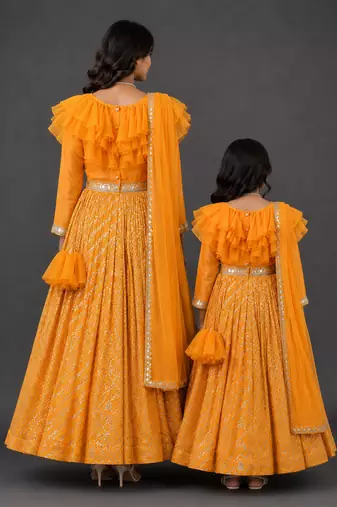 Mother daughter orange embroidered organza anarkali set