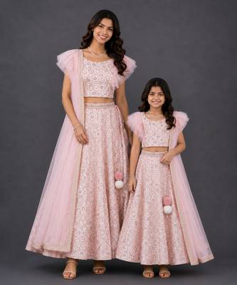 Mother daughter pink embroidered georgette lehenga set 1