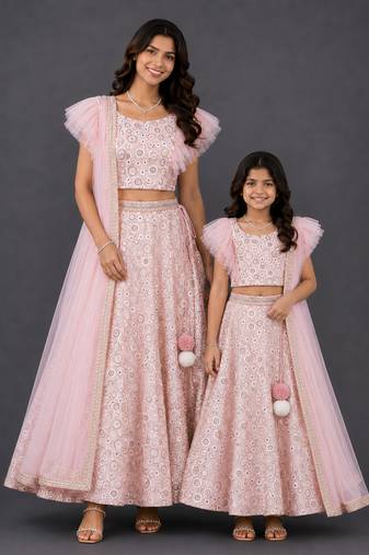 Mother daughter pink embroidered georgette lehenga set