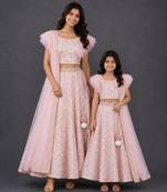 Mother daughter pink embroidered georgette lehenga set