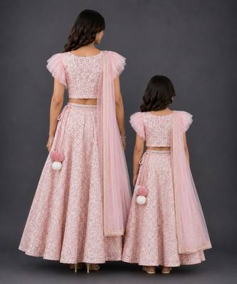 Mother daughter pink embroidered georgette lehenga set 2