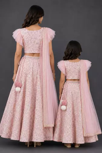 Mother daughter pink embroidered georgette lehenga set