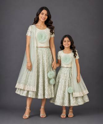 Mother daughter green embroidered georgette lehenga set 1