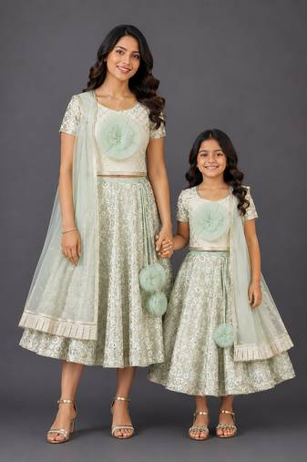 Mother daughter green embroidered georgette lehenga set