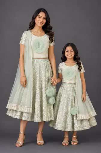 Mother daughter green embroidered georgette lehenga set