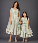 Mother daughter green embroidered georgette lehenga set