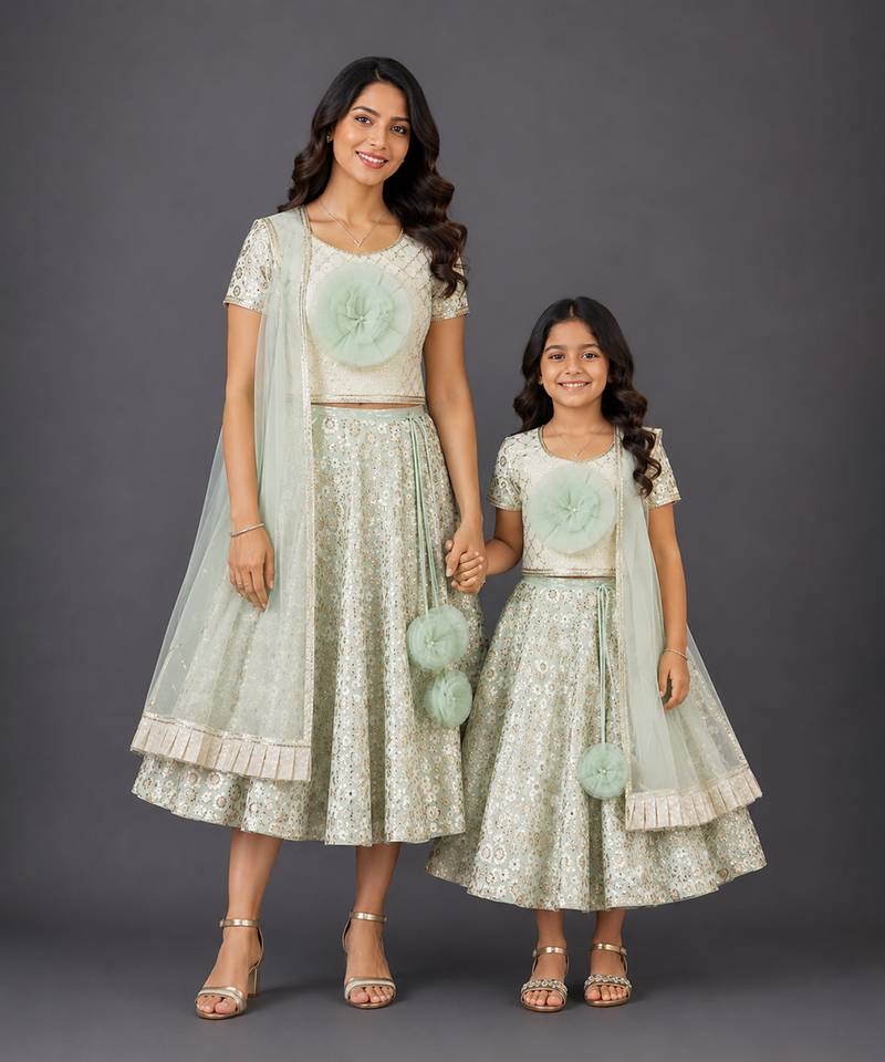Mother daughter green embroidered georgette lehenga set