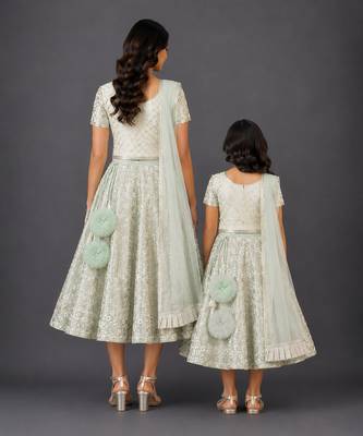 Mother daughter green embroidered georgette lehenga set 2