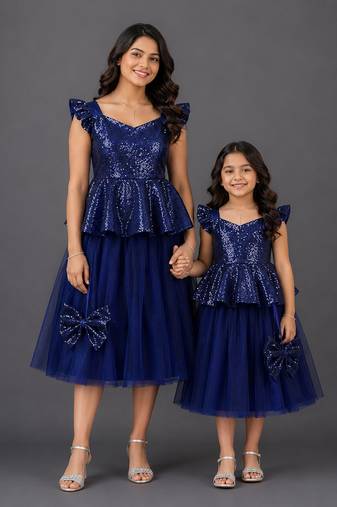 Mother daughter blue cotton lehenga set