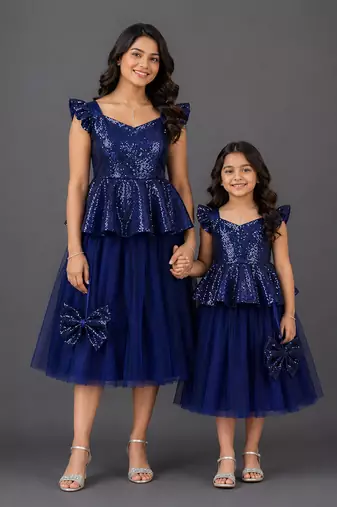 Mother daughter blue cotton lehenga set