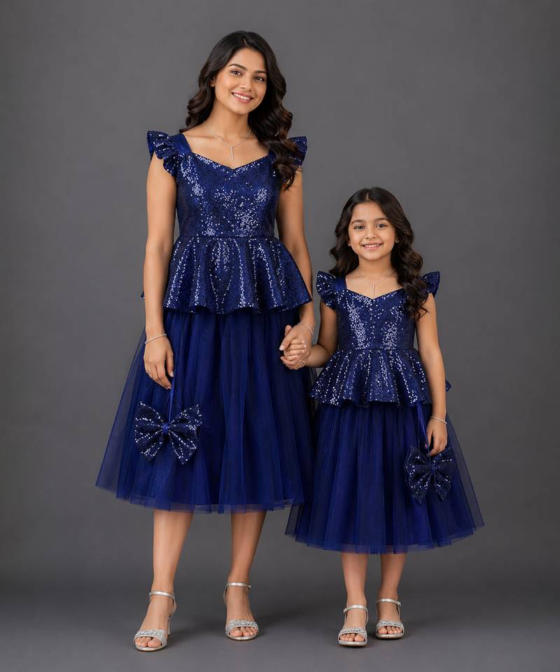 Mother daughter blue cotton lehenga set