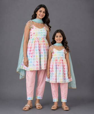 Mother daughter multicolor printed cotton silk kurta set 1