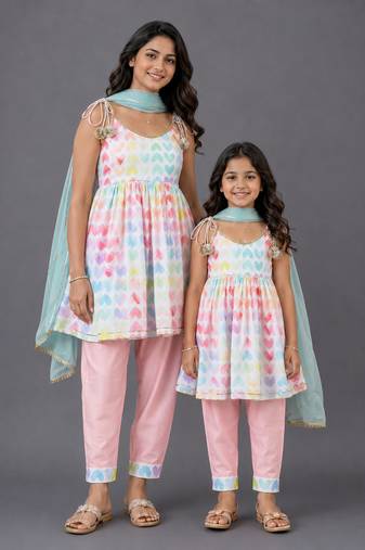 Mother daughter multicolor printed cotton silk kurta set
