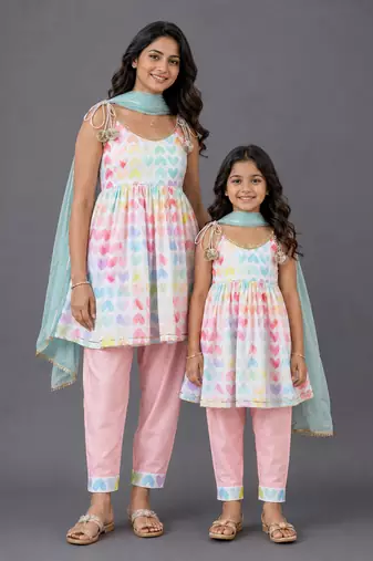 Mother daughter multicolor printed cotton silk kurta set