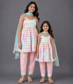 Mother daughter multicolor printed cotton silk kurta set