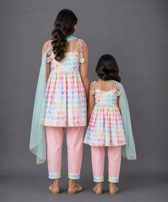 Mother daughter multicolor printed cotton silk kurta set 2