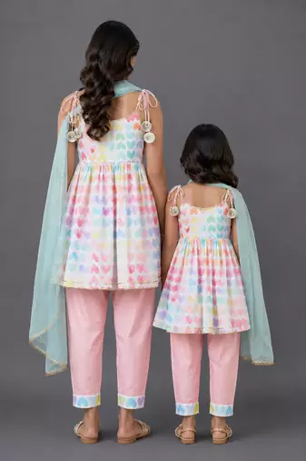 Mother daughter multicolor printed cotton silk kurta set