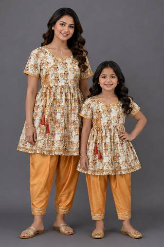 Mother daughter white printed cotton silk kurta set