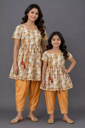 Mother daughter white printed cotton silk kurta set