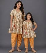 Mother daughter white printed cotton silk kurta set