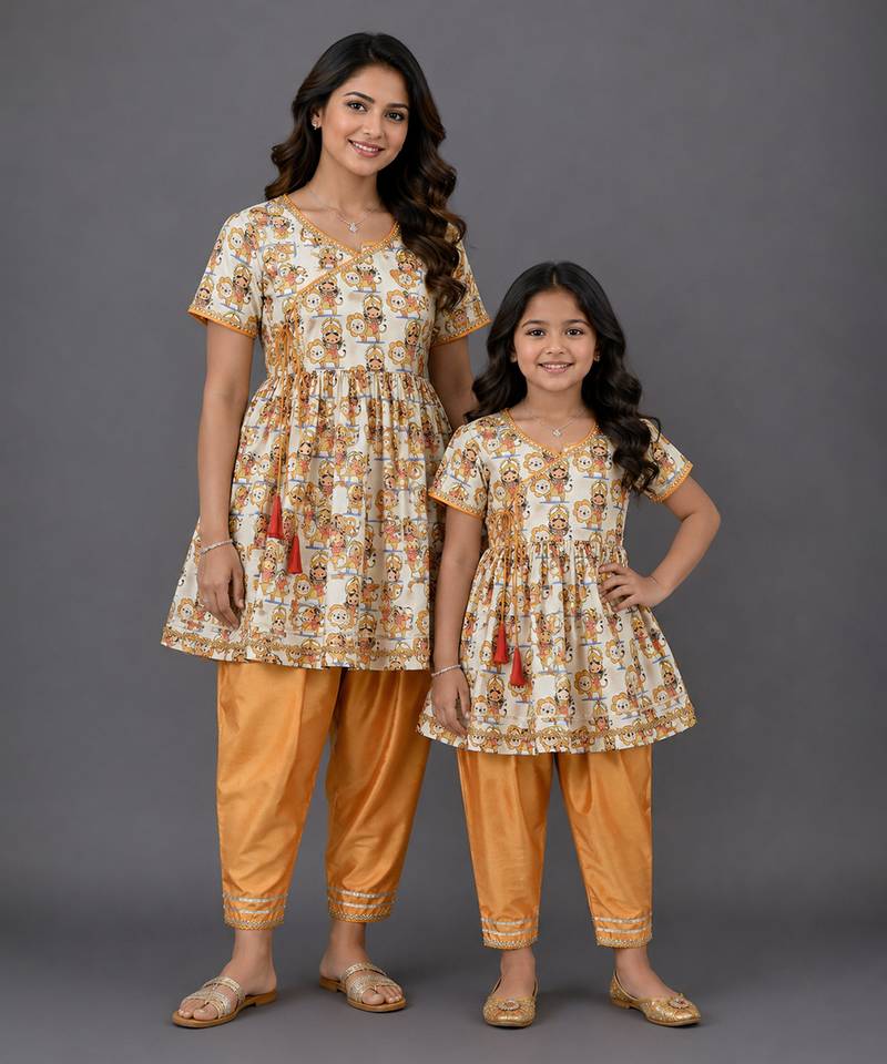 Mother daughter white printed cotton silk kurta set