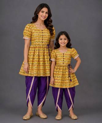 Mother daughter yellow printed silk kurta set 1