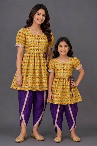 Mother daughter yellow printed silk kurta set