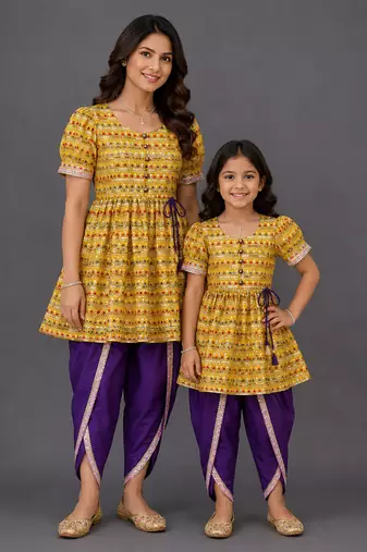 Mother daughter yellow printed silk kurta set