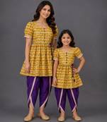 Mother daughter yellow printed silk kurta set