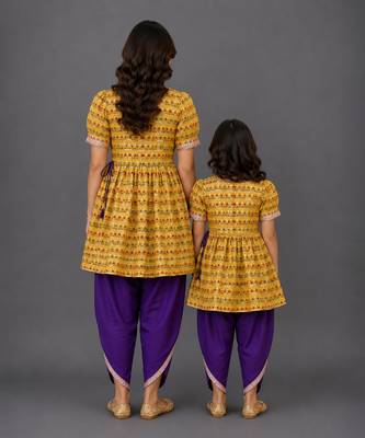 Mother daughter yellow printed silk kurta set 2