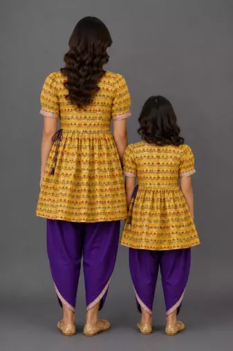 Mother daughter yellow printed silk kurta set