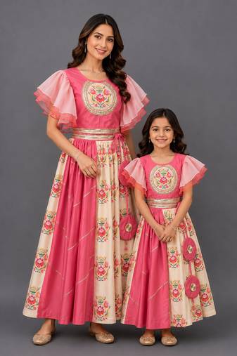 Mother daughter coral pink beige printed cotton lehenga set