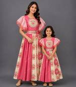 Mother daughter coral pink beige printed cotton lehenga set
