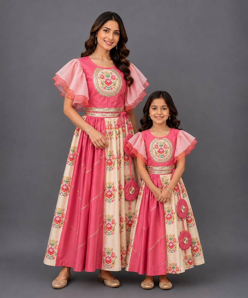 Mother daughter coral pink beige printed cotton lehenga set