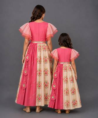 Mother daughter coral pink beige printed cotton lehenga set 2