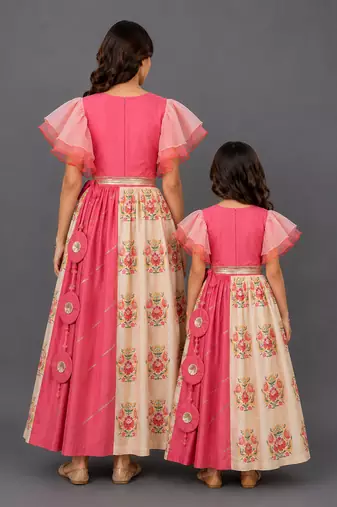 Mother daughter coral pink beige printed cotton lehenga set