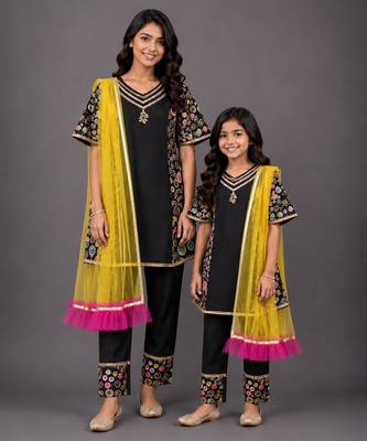 Mother daughter black embroidered cotton silk kurta set 1