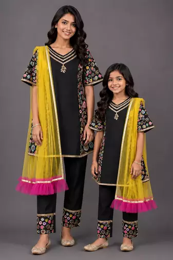 Mother daughter black embroidered cotton silk kurta set
